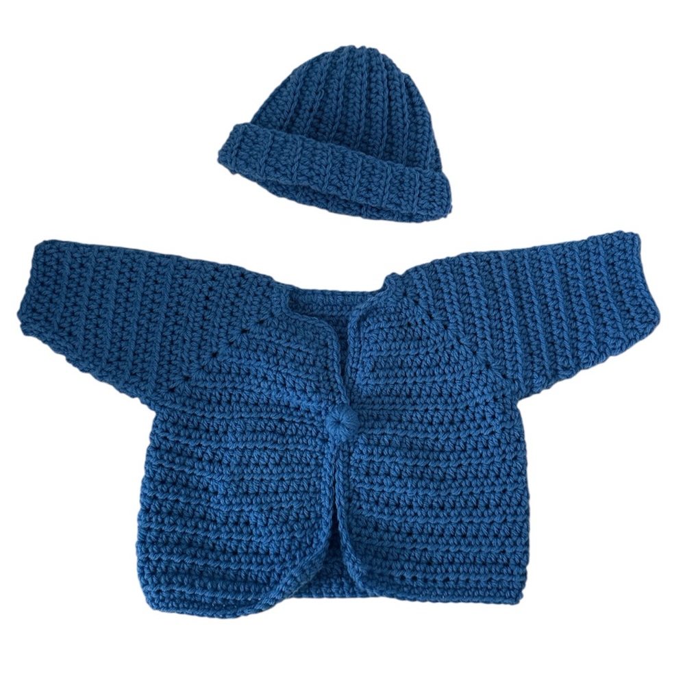 NWOT Handmade Blue Crochet/Knit Baby Sweater and Hat Set